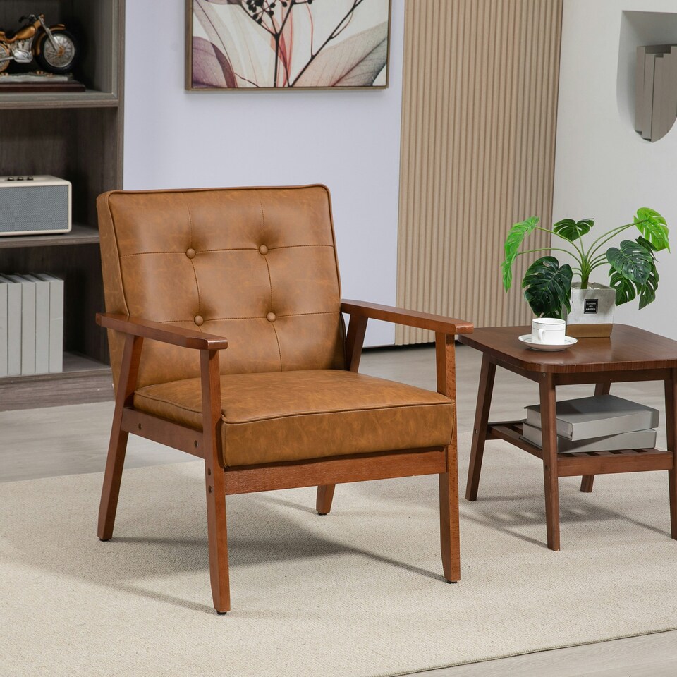 image 1 of HOMCOM Accent Chair PU Leather Armchair with Armrests for Living Room Brown