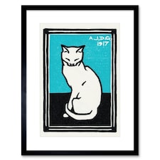 Sitting Cat on Blue 1917 Julie de Graag Vintage 9x7" Black Framed Wall Art Print
