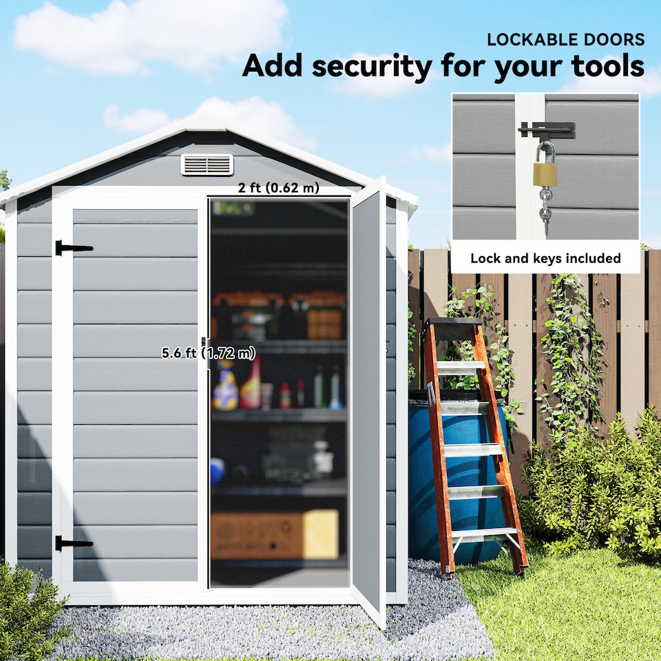 image 1 of Outsunny 6 x 4.5FT Plastic Garden Shed with Floor, Lean to Outdoor Storage Shed, Lockable Tool Storage House with Window, Vent and Plastic Roof, Grey