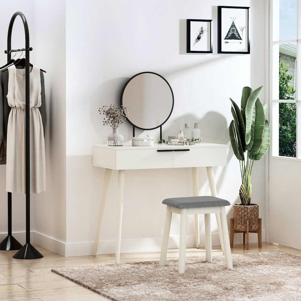 image 1 of HOMCOM Dressing Table Vanity Set Make Up Desk with Mirror & Stool White