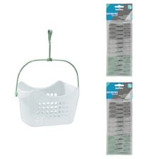 JVL Peg Basket with 48 Soft Grip Plastic Clothes Pegs, Assorted Colours