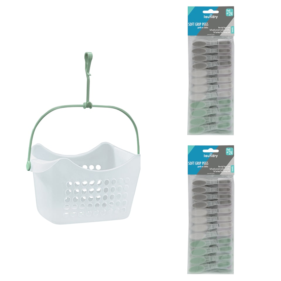 image 1 of JVL Peg Basket with 48 Soft Grip Plastic Clothes Pegs, Assorted Colours