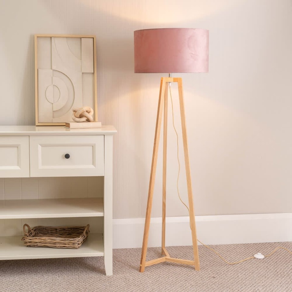 image 1 of ValueLights Lottie Natural Wood Tripod Floor Lamp Blush Pink Velvet Shade and Bulb
