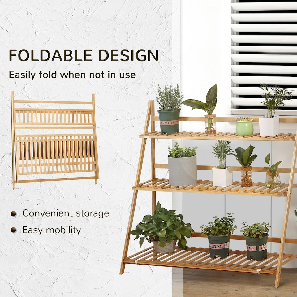 image 1 of Outsunny 3-Tier Folding Bamboo Plant Stand Display Rack Indoor Outdoor