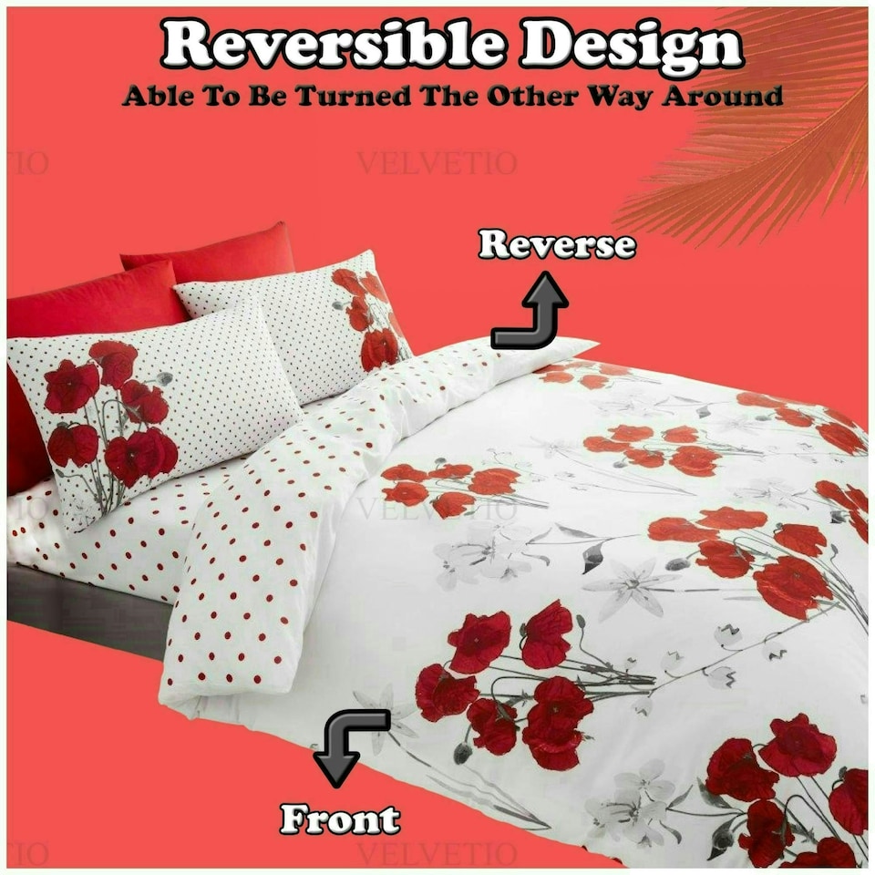 image 1 of VELVETIO Poppy Flower Duvet Cover Set Reversible Polycotton Easy Care Beddings Red | Super King