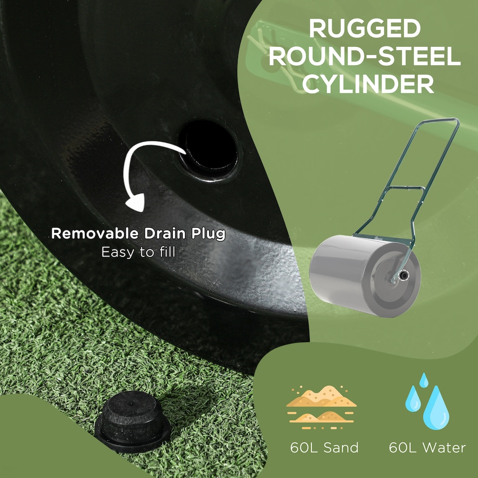 image 1 of 60L Steel Garden Roller Push Pull w/ Fillable Cylinder Water Rolling Drum | Black | Black