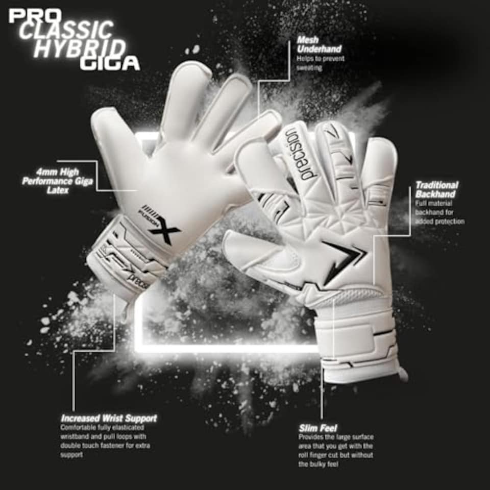 image 1 of Precision Fusion X Pro Classic Hybrid Giga Goalkeeper Gloves, 4mm Giga Latex, Hybrid Cut, Enhanced Wrist Support, Breathable Mesh, White Black, 7