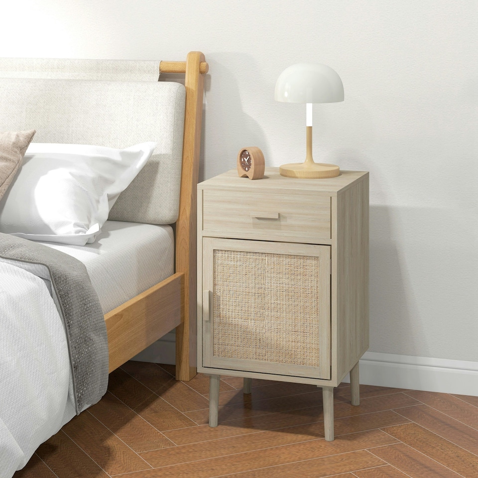 image 1 of HOMCOM Bedside Tables Set of 2 with Drawer Cabinet Adjustable Shelf Natural