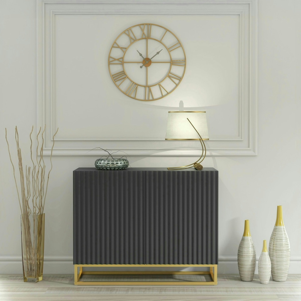 image 1 of Grey Sideboard 100cm Fluted Doors Gold Frame Modern Storage Cabinet Grey