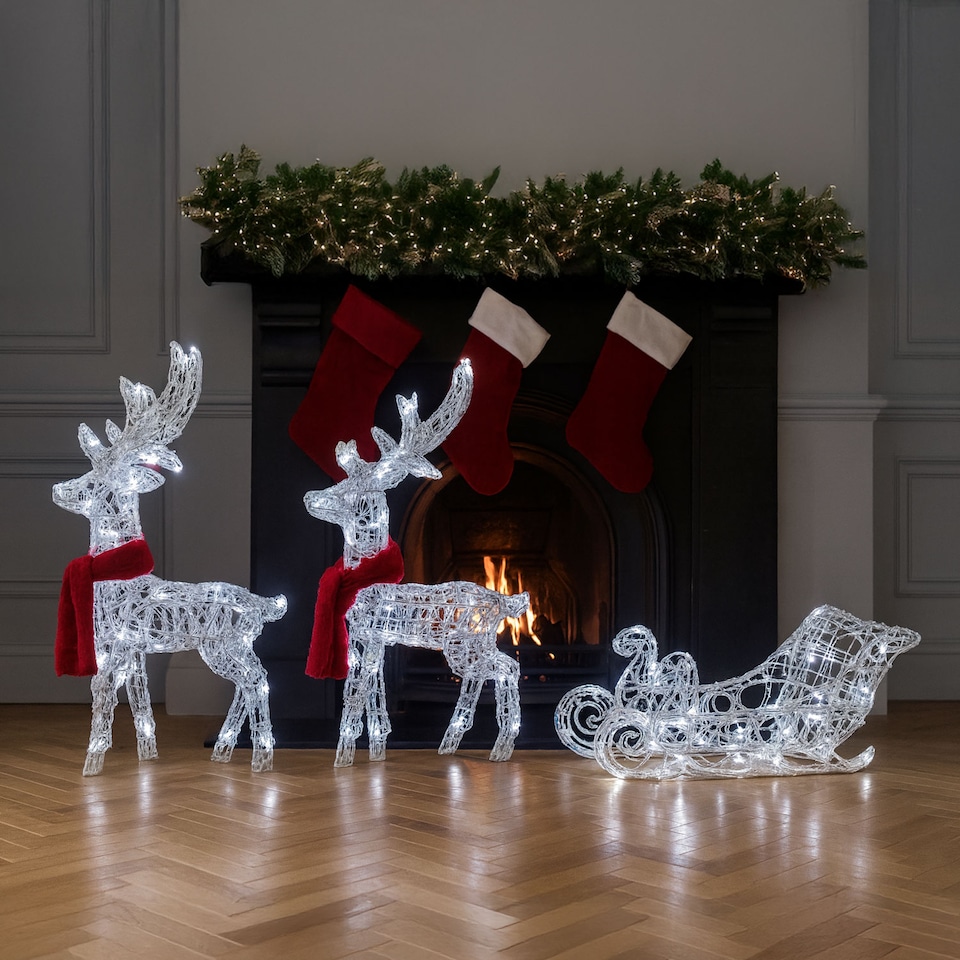 image 1 of Neo 120 Indoor Outdoor LED Light Up Reindeer and Sleigh Christmas Decoration Festive Display with Dual Light Effects Timer Red Scarves Weatherproof Frame 5m Lead Wire