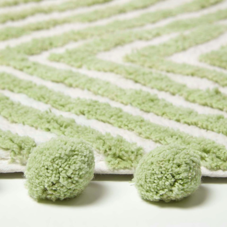 image 1 of Homescapes Sage Green Cotton Bath Mat Tufted Zig Zag with Pom Pom Edges - 50 x 80 cm Green