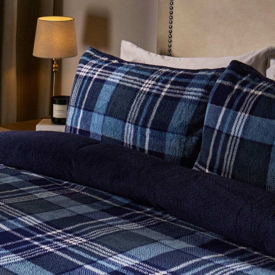 image 1 of OHS Ultra Soft Tartan Check Teddy Duvet Cover Set Blue | Navy | Super King