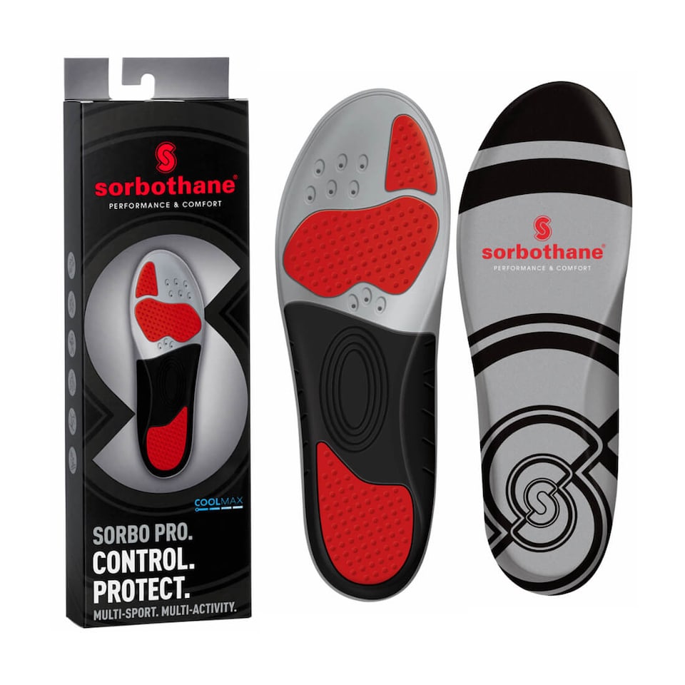 Sorbothane Sorbo Pro Insoles — Size 9 UK (Pair), 94.7% Shock Absorption, Coolmax | Black | RED | 9 UK