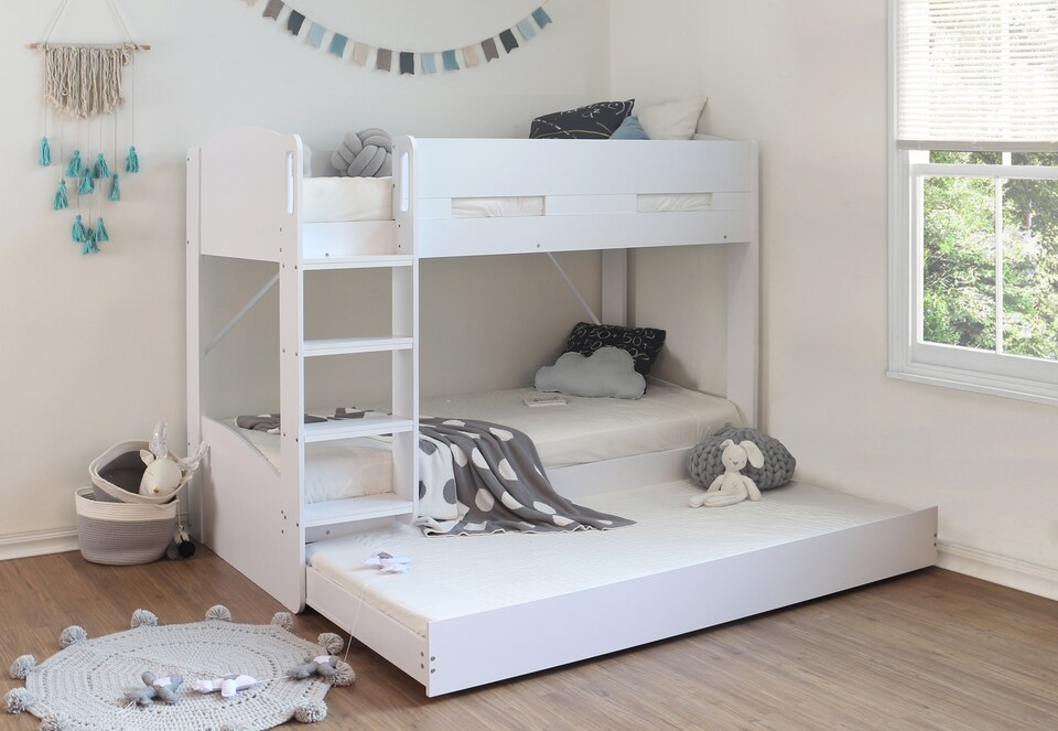 image 1 of Billie Single Bunk Bed White With Pull Out Trundle | White | Single