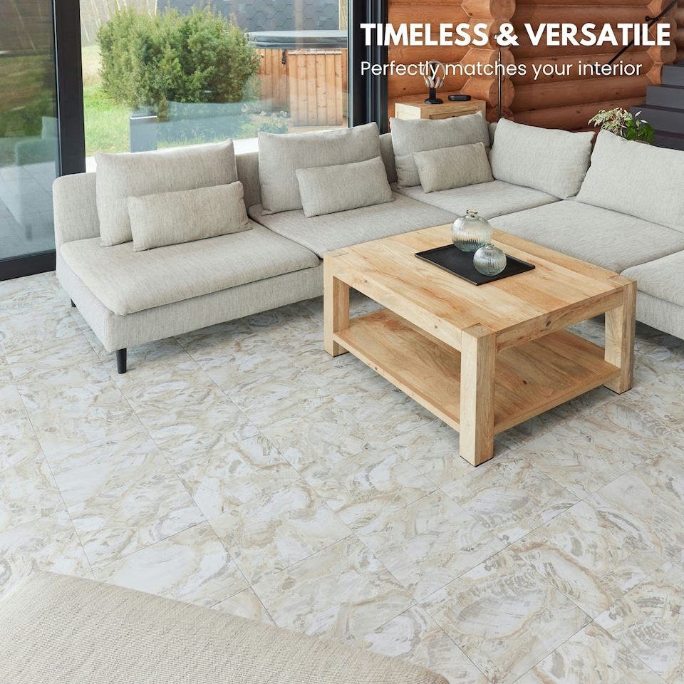 image 1 of NOVECRAFTO Vinyl Floor Tiles Self Adhesive – 12x12in Peel and Stick Flooring for Kitchen, Bathroom & Living Room – Beige Marble Flow Design Brown | 4.65 sqm