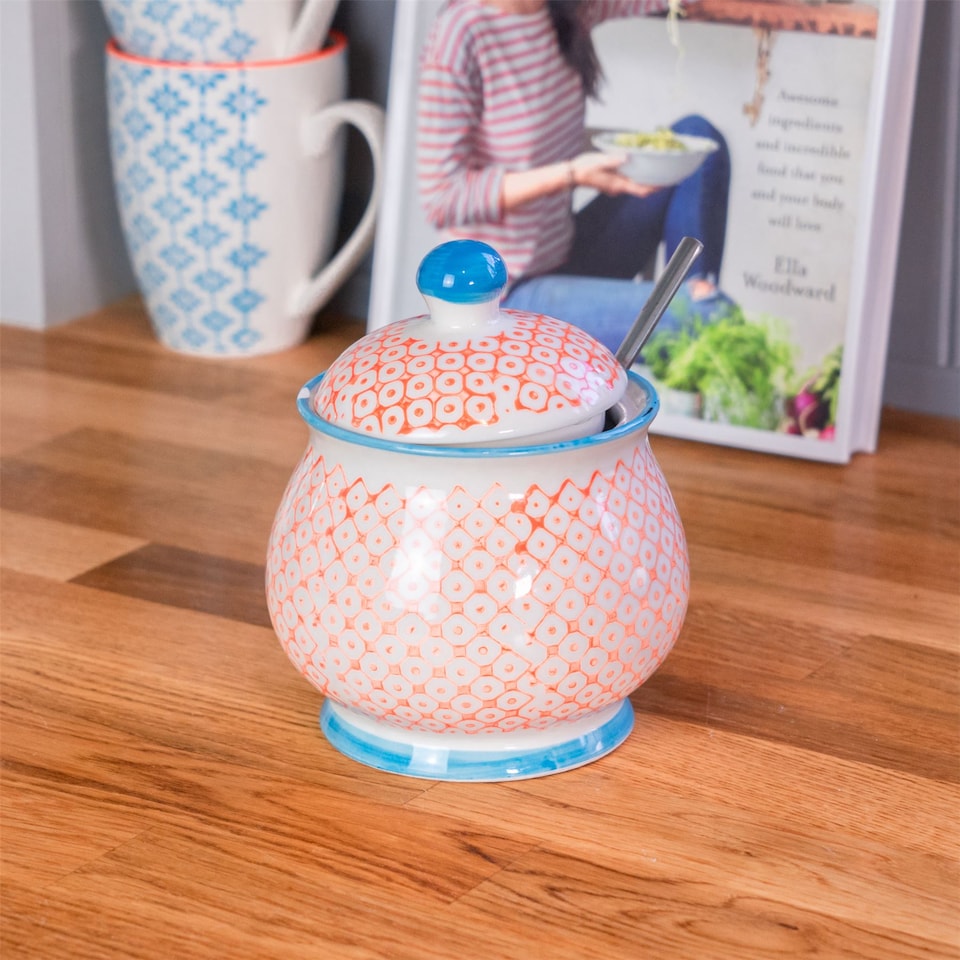 image 1 of Nicola Spring Hand-Printed Sugar Bowl - 10cm - Orange | Orange | Multi-Coloured
