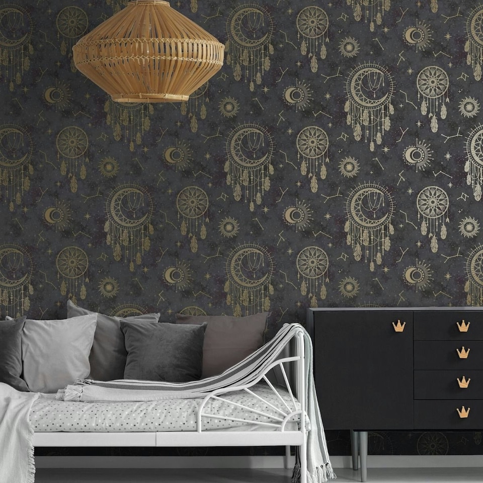 image 1 of Holden Décor Dreamcatcher Wallpaper - Black/Gold - 10m x 53cm Black