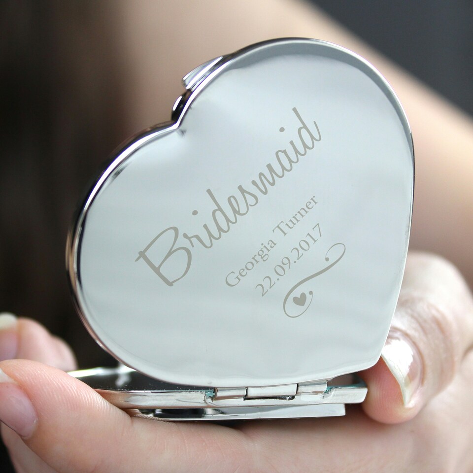 image 1 of Personalised Swirls & Hearts Diamante Heart Compact Mirror Silver