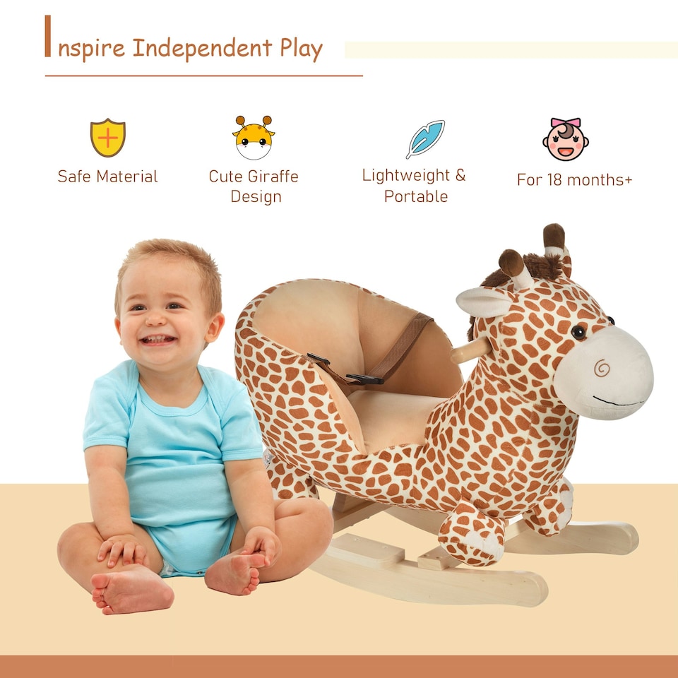 image 1 of HOMCOM Baby Rocking Horse Kids Ride on Giraffe Plush Toy W/ 32 Song Seat Belt