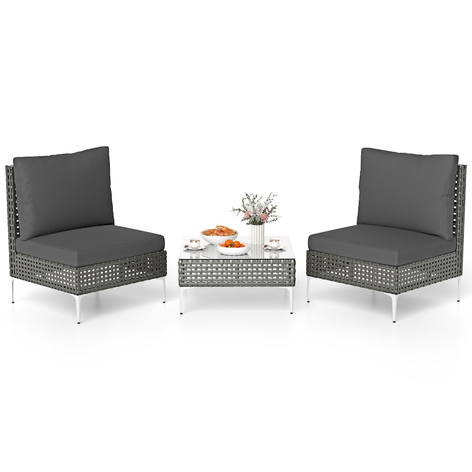image 1 of COSTWAY 3 Pieces Patio Bistro Set PE Rattan Furniture Set w/Coffee Table-Grey