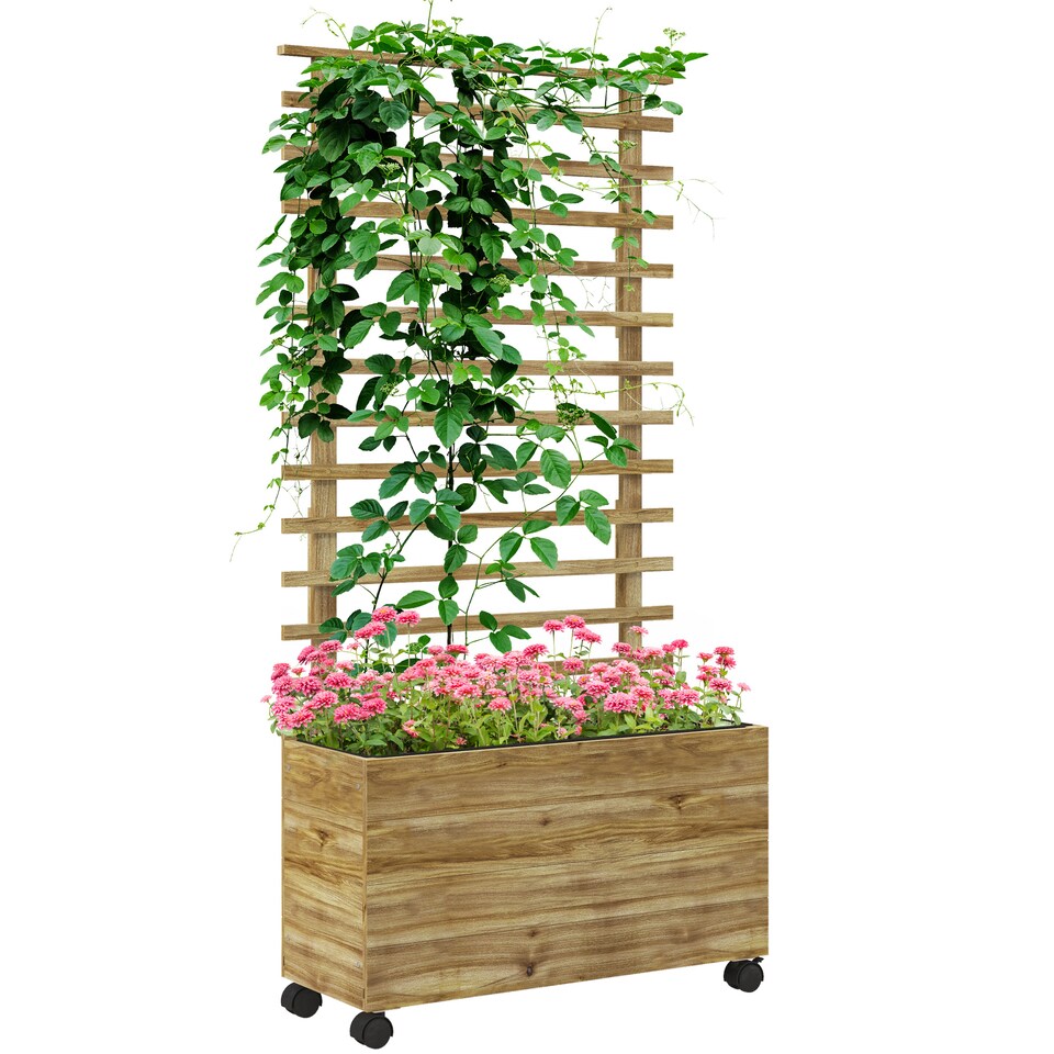 image 1 of Outsunny Garden Wooden Trellis Planter Box Raised Bed with 4 Wheels