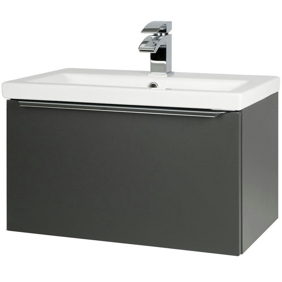image 1 of 600mm Bathroom Matt Dark Grey Wall Mounted Vanity Unit and Basin (Central) - Brassware Not Included | Grey | Grey | 1