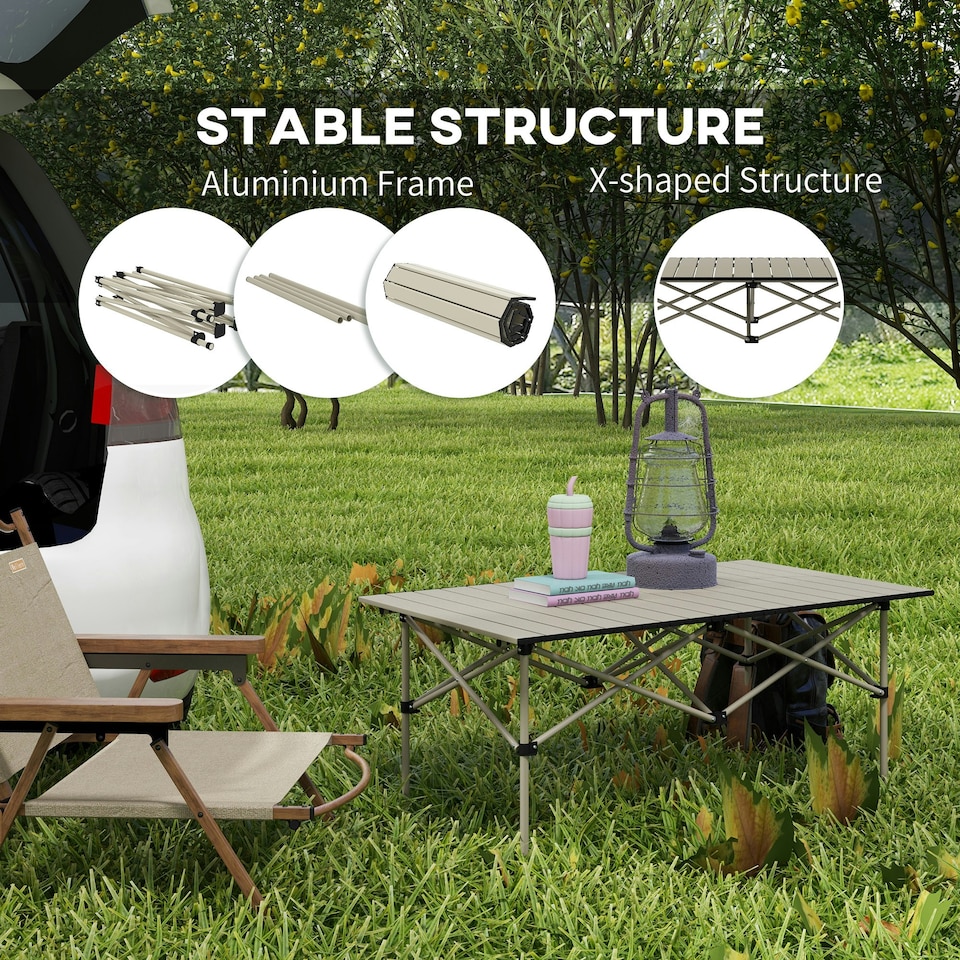 image 1 of Outsunny Portable Folding Camping Table w/ Roll Up Aluminium Top Carry Bag Khaki