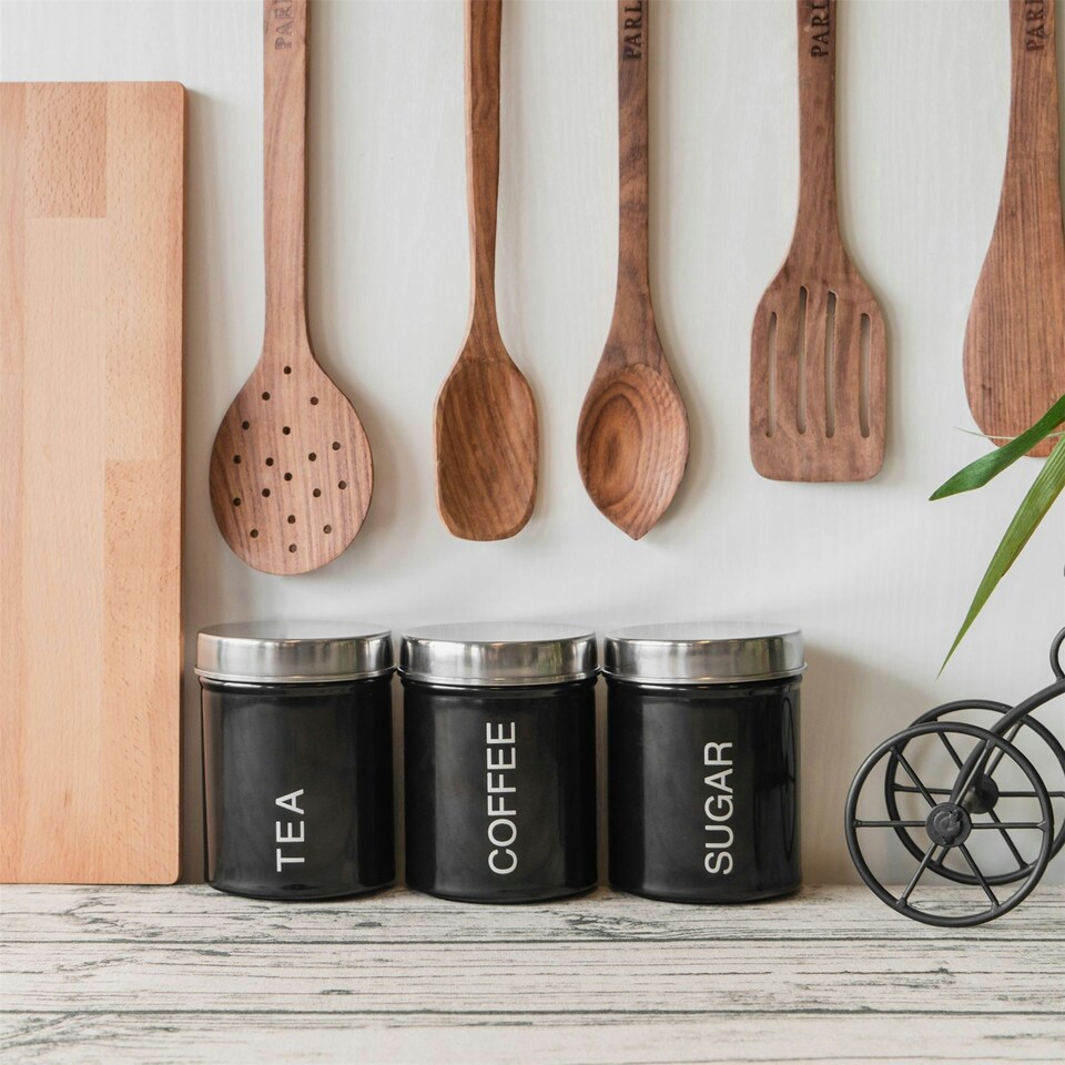 image 1 of Harbour Housewares Black Round Metal Kitchen Tea Coffee Sugar Canisters Kitchen Caddy Kitchen Storage Containers Canister