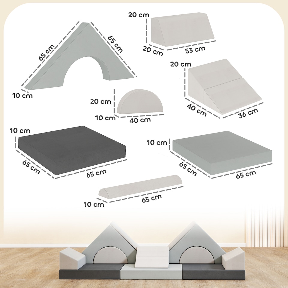 image 1 of AIYAPLAY Kids Play Sofa, 12 Pieces Foam Modular Convertible Sofa | Grey | Light Grey | 130 x 105 x 41 cm