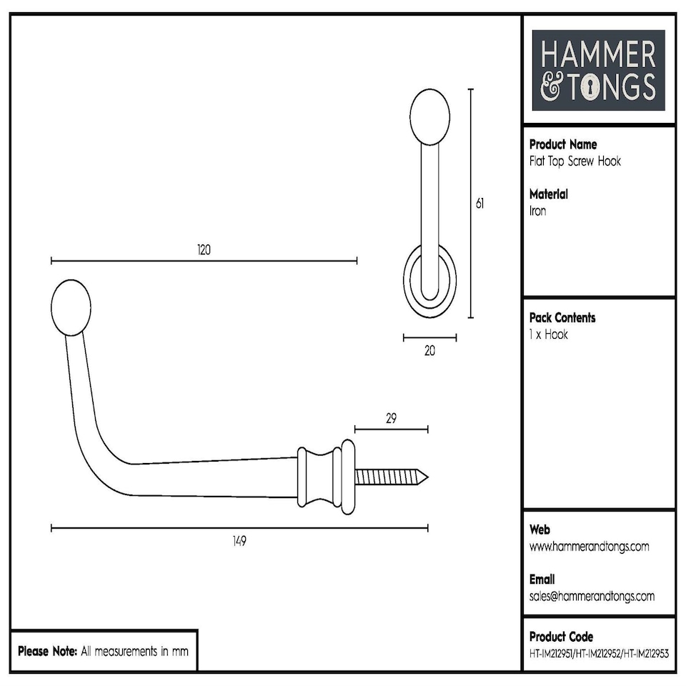 image 1 of Hammer & Tongs Flat Top Screw Hook - W20mm x H60mm - Raw