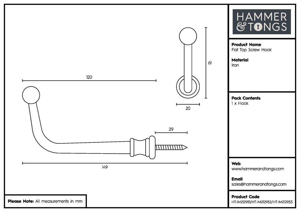 image 1 of Hammer & Tongs Flat Top Screw Hook - W20mm x H60mm - Raw