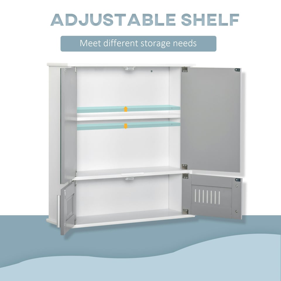 image 1 of kleankin Bathroom Mirror Cabinet Wall Mount Storage Unit Double Doors, Grey