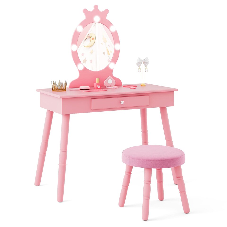 image 1 of COSTWAY Princess Vanity Table & Chair Set Kids Set Pink