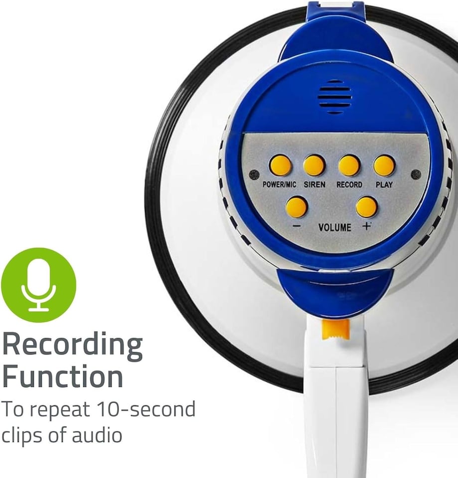 image 1 of NEDIS 10W Megaphone, 250m Range with Built-in Microphone, Siren, Adjustable Volume, Record Function - White & Blue
