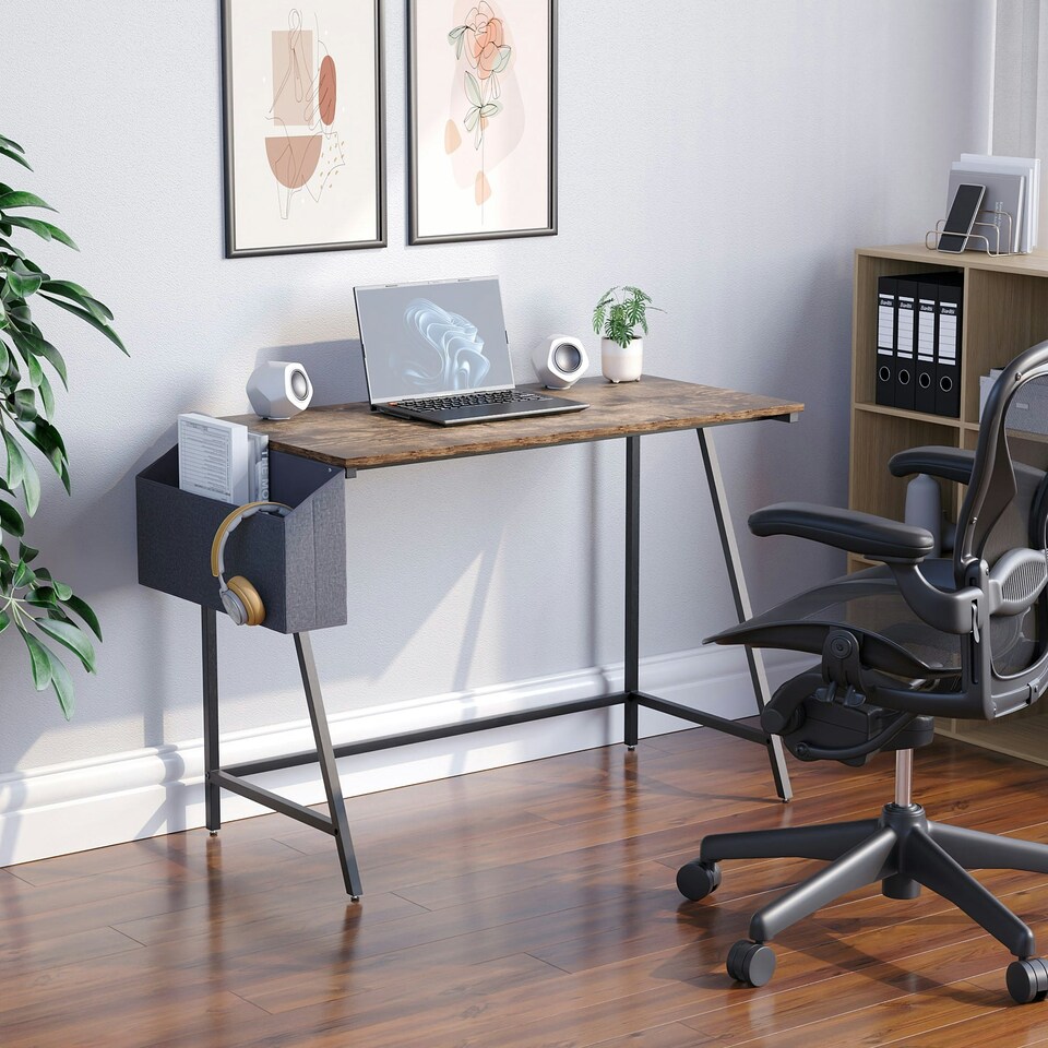 image 1 of Vida Designs Brooklyn Small Computer Desk With Storage Basket Home Office Workstation, Dark Wood