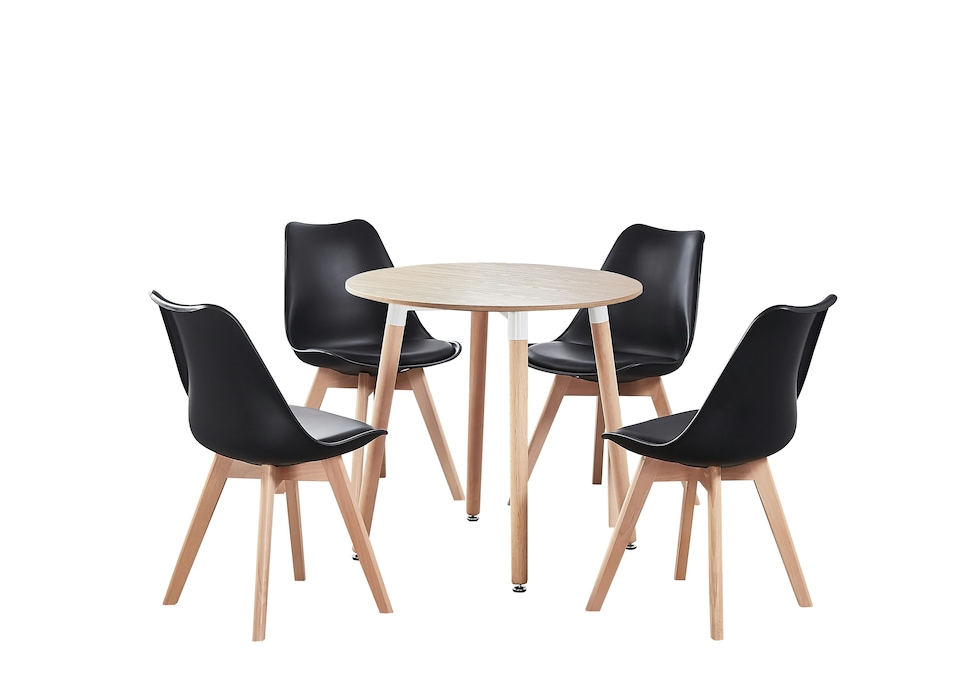 image 1 of 5PCs Dining Set - an Oak Round Dining Table & Set of 4 White Lorenzo Tulip chairs with Padded Seat | Black
