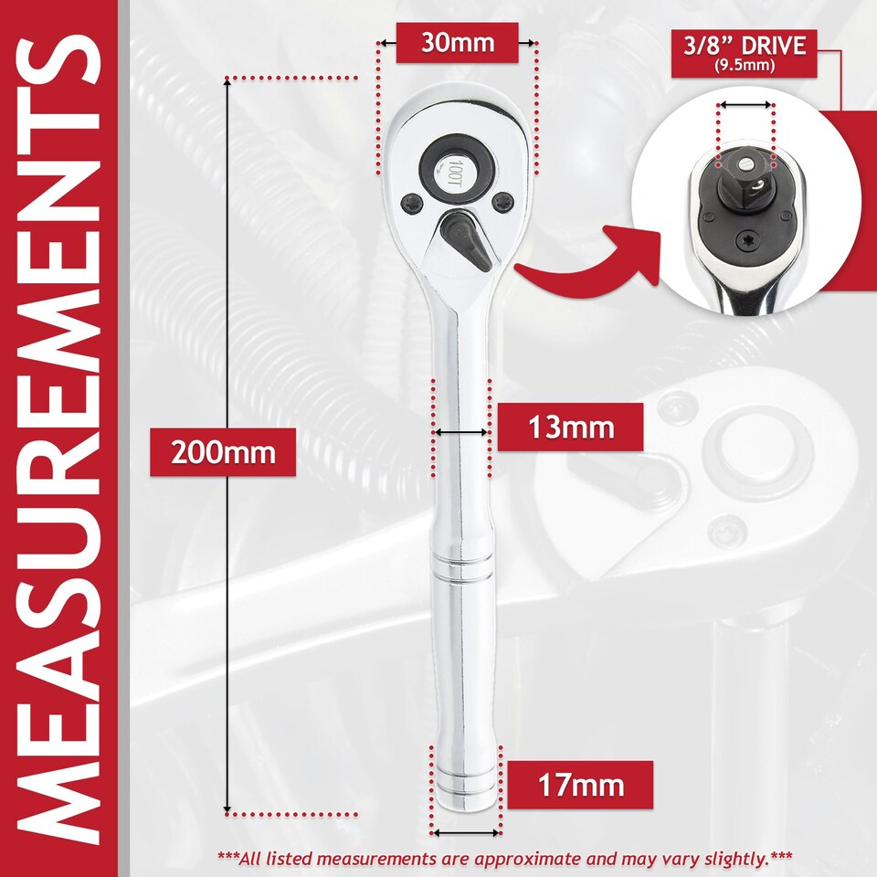 image 1 of SPARES2GO 3/8" Socket Ratchet Square Drive 100 Teeth Quick Release Reversible Chrome Vanadium Steel Tool