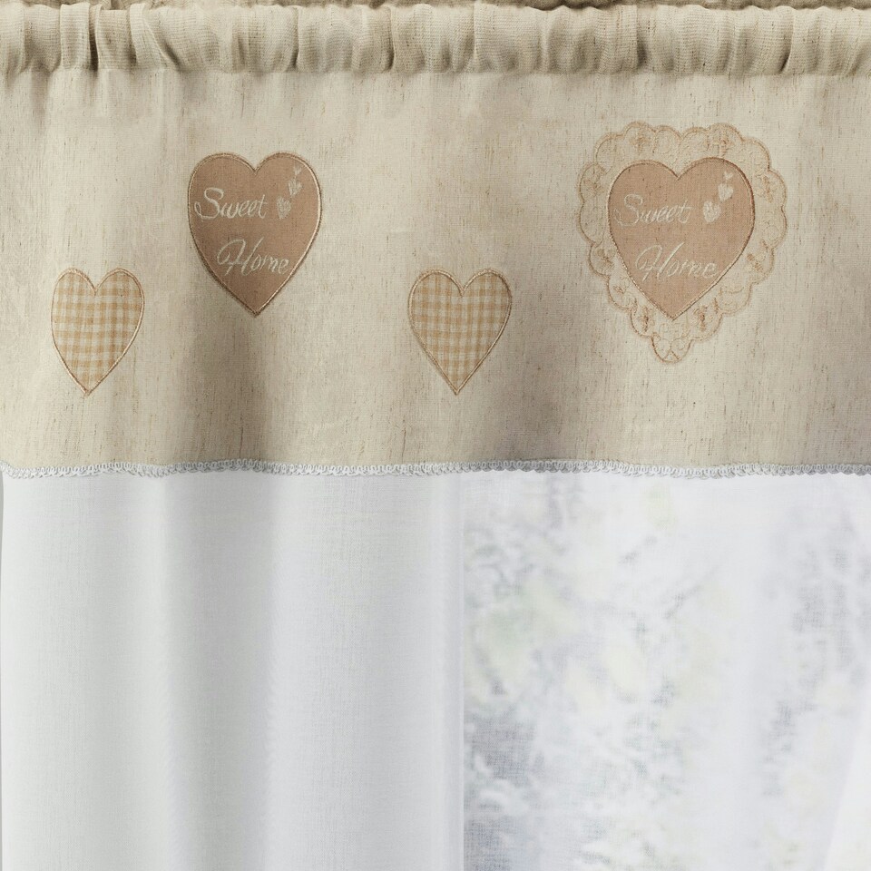 image 1 of Sweetheart Natural Embroidered Heart Design Window Set 140 x 107 cm Rod Pocket Window Set with Linen Look Header and 2 Matching Tie Backs