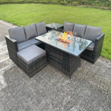 Fimous Outdoor Rattan Garden Furniture Gas Fire Pit Dining Table Sets Gas Heater Lounge Big Footstool Dark Mixed Grey 7 Seater