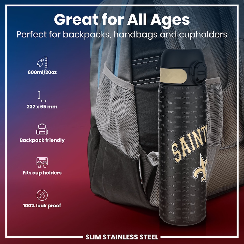 image 1 of Leak Proof Slim Water Bottle, Stainless Steel, NFL, 600ml (20oz) | Black | NFL Saints | One Size