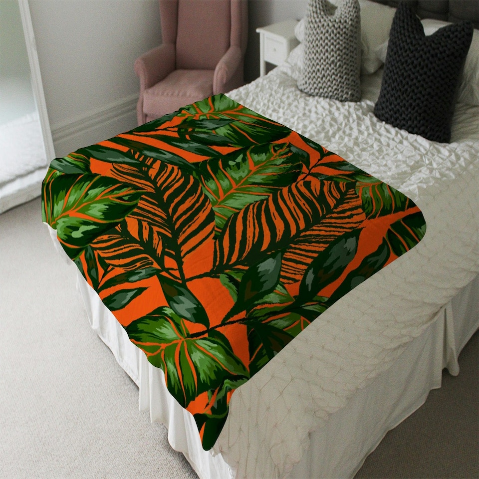 image 1 of Green Tropical Leaves on Orange (Blanket)