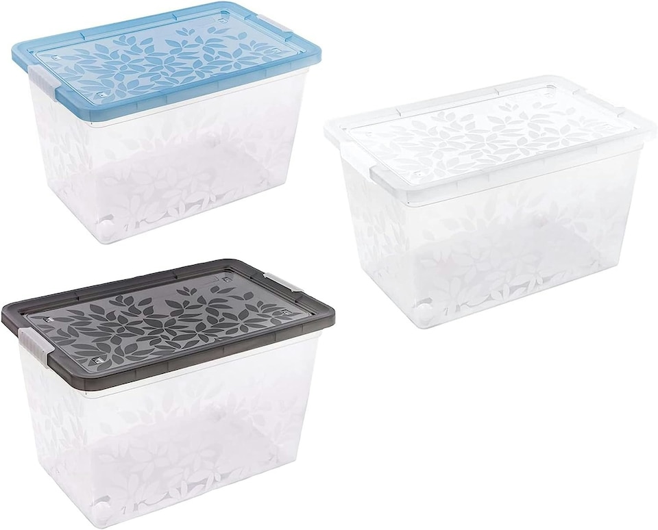 image 1 of 22L Set Of 9 Elegant Jasmine Leaves Plastic Storage Containers With Clip Locked Lids (3 Lids Each Blue, Black & Clear) | Multi