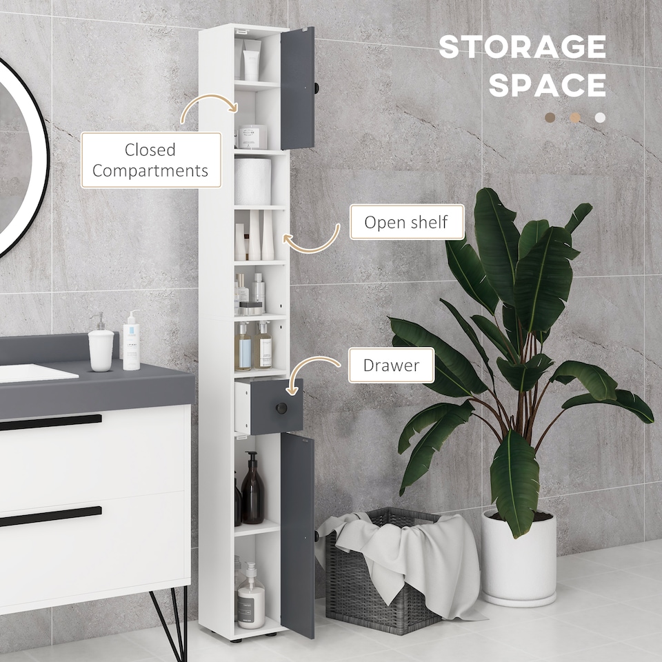 image 1 of kleankin 180cm Tall Bathroom Cabinet, Slim Bathroom Storage Cabinet with 4 Open Shelves, 2 Door Cupboards and Adjustable Shelves, White and Grey