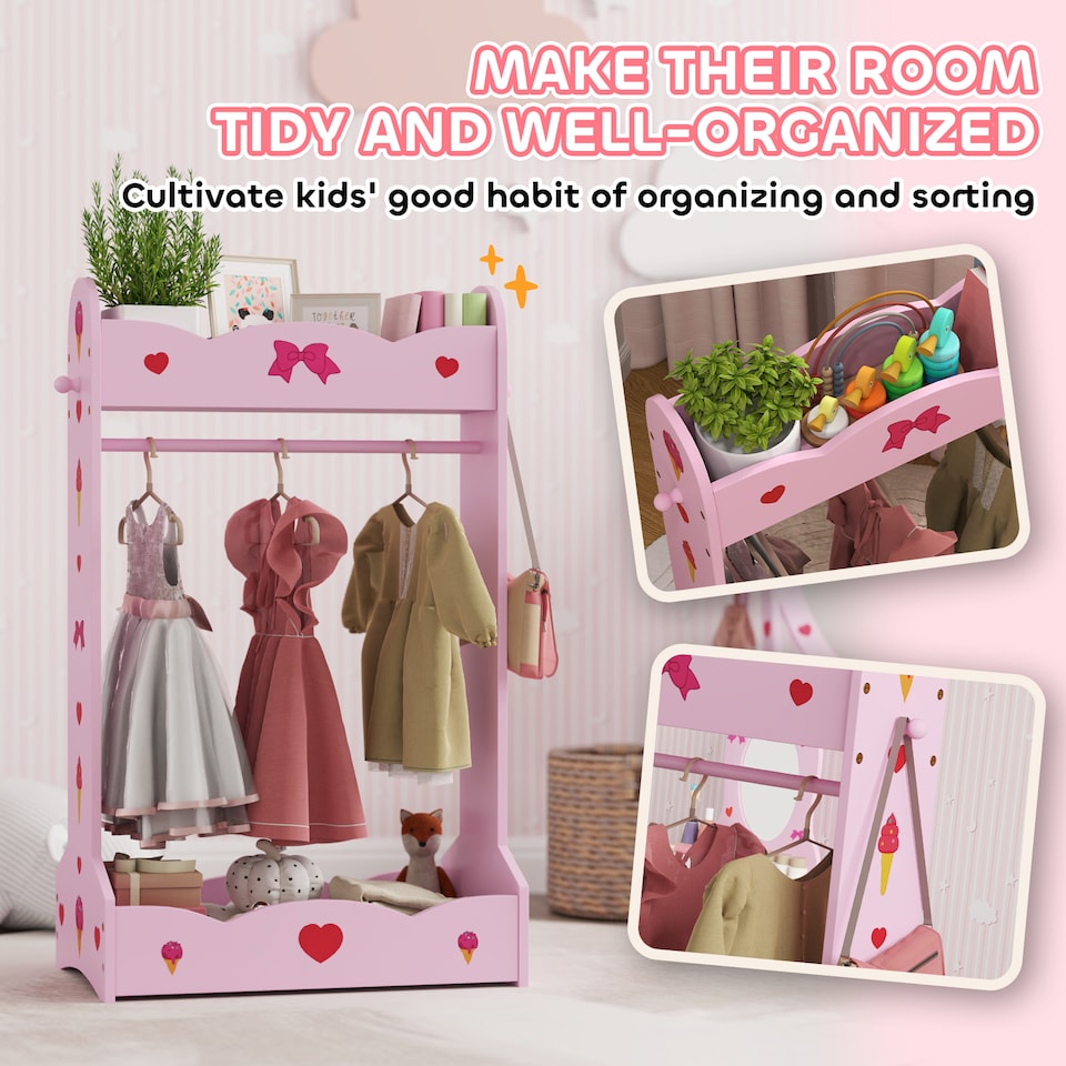 image 1 of AIYAPLAY Kids Clothes Rail w Storage Shelves for Bedroom, Nursery, Pink