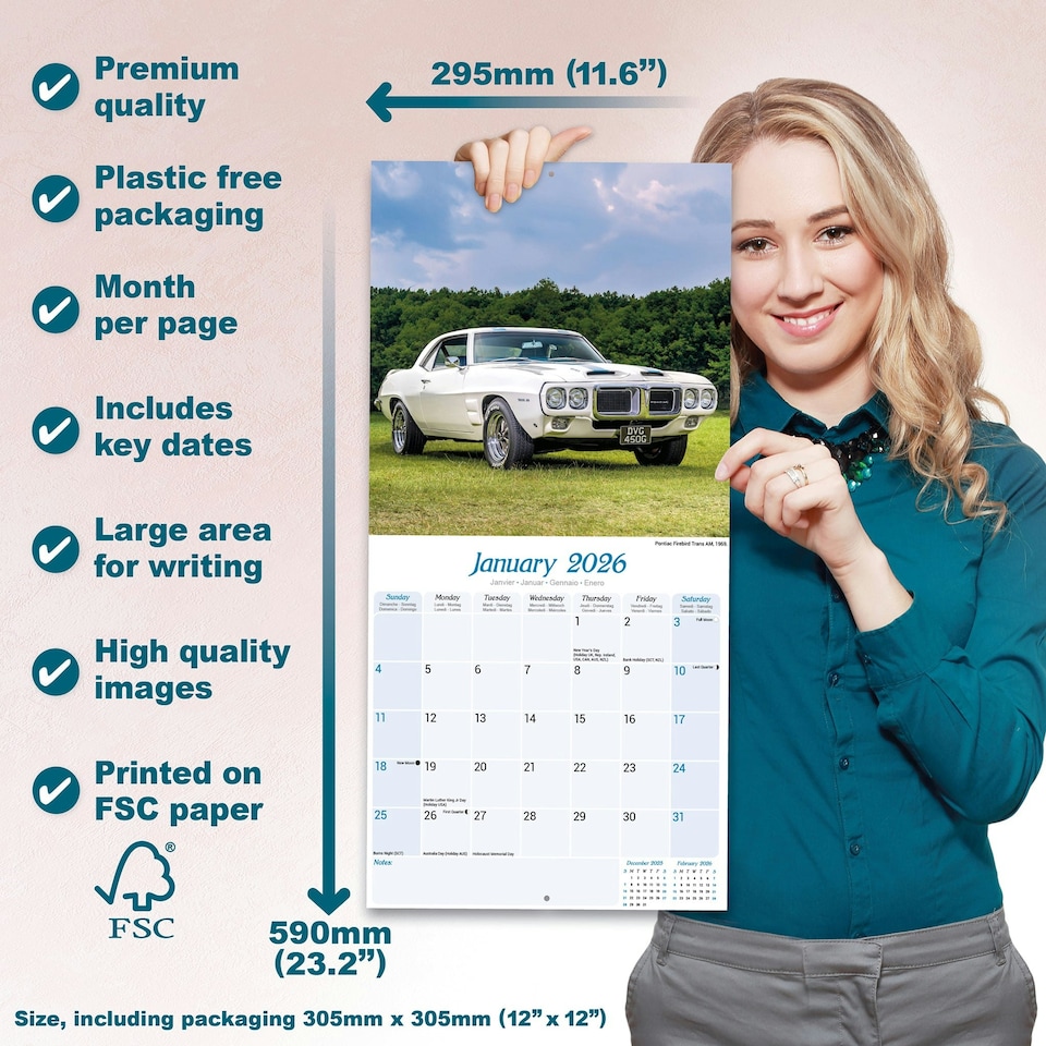 image 1 of American Classic Cars 2026 Calendar | Square Wall Calendar | Car Enthusiast Gift | Plastic Free Packaging | by Avonside Publishing