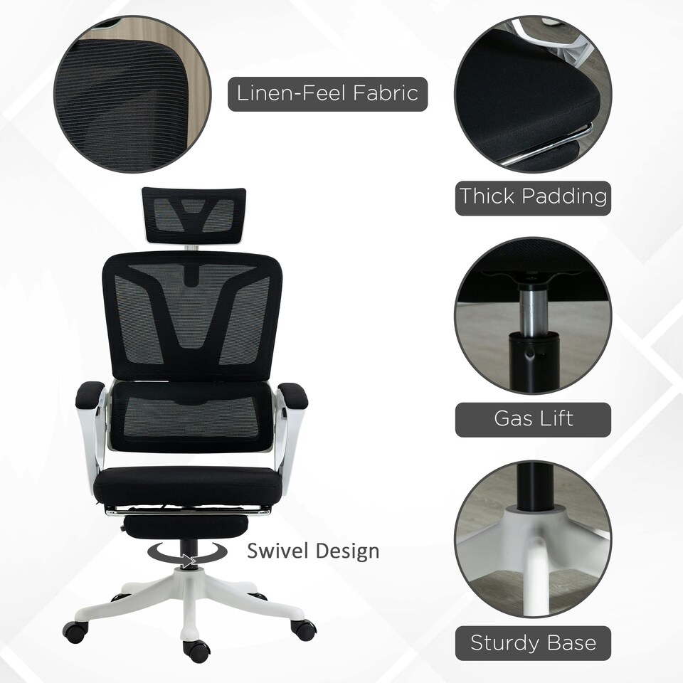 image 1 of Vinsetto Mesh Office Chair for Home with Lumbar Support, Arm, Footrest, Headrest