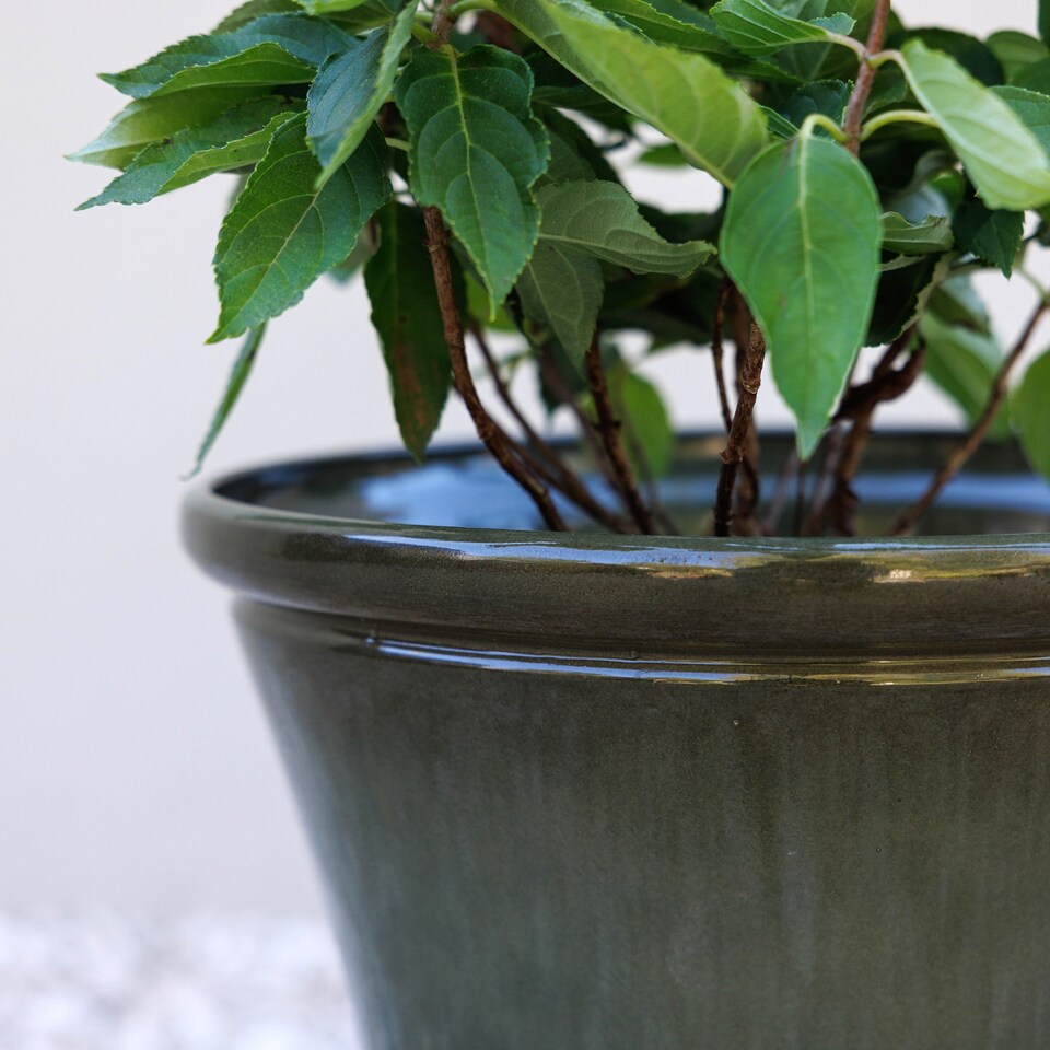 image 1 of Glazed Green Ceramic Look Tapered Outdoor Garden Planter 45.5cm | Green | Green | Large H40 x Ø45.5 cm