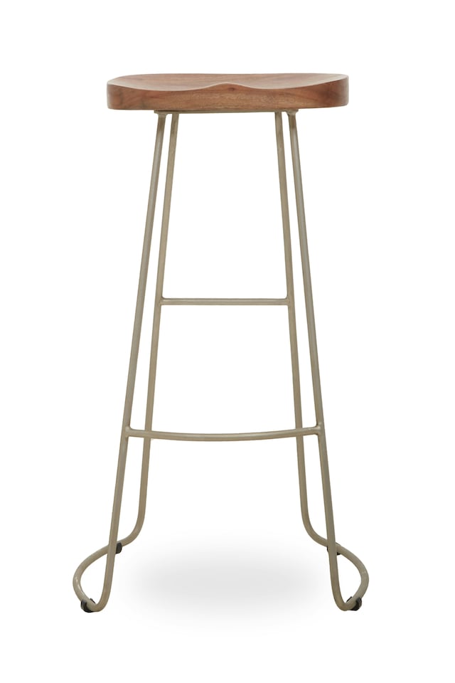 image 1 of Interiors by Premier Luxe Bar Stool With Acacia Wood Seat, Wooden Kitchen Stool, Counter Seat With Iron Footrest, Silver Stool | Cream