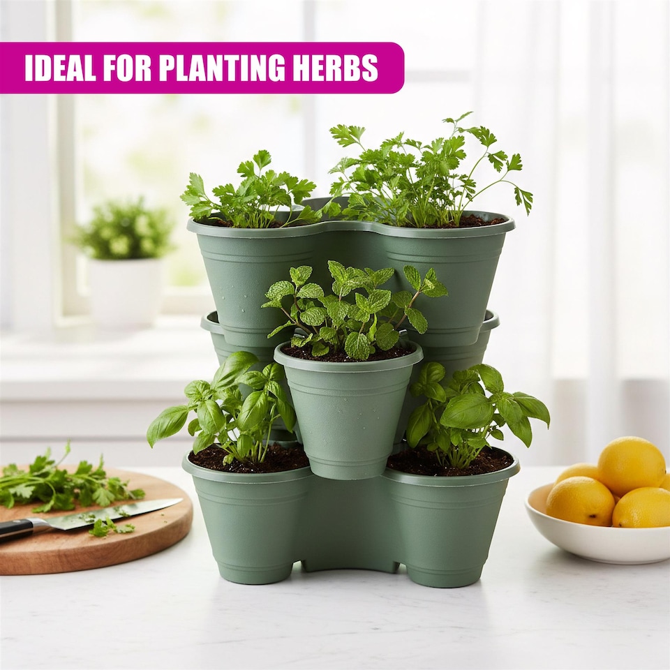 image 1 of GEEZY Set Of 6 Stackable Strawberry Planters Plastic Vertical Garden Green
