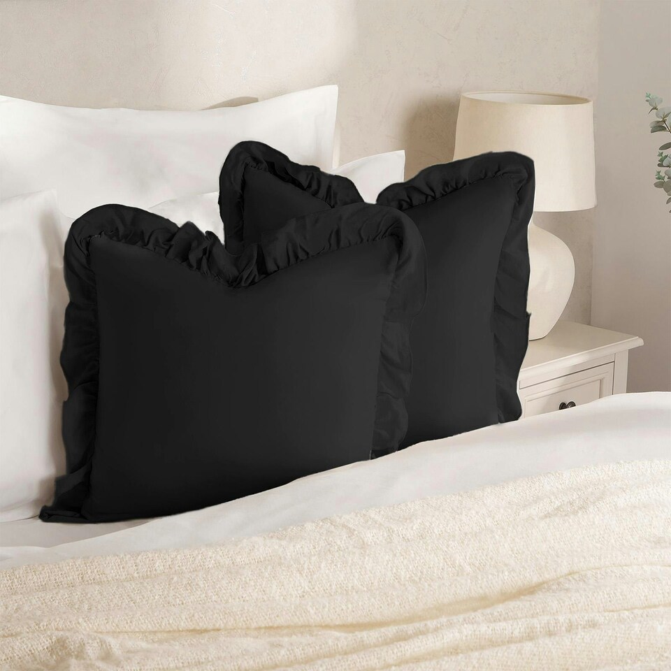 image 1 of OHS 2 x Faux Linen Frill Edged Cushion Covers, 45x45cm - Black